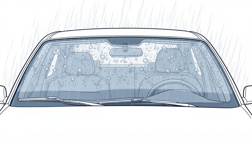 Close-up of a car's windshield covered in raindrops during a rainy day, with wipers at rest.