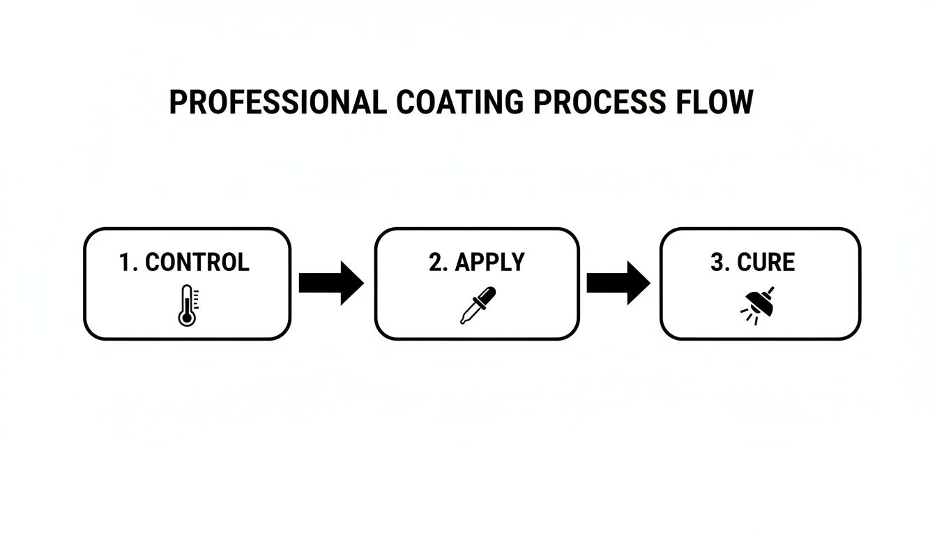 A flowchart illustrates the professional coating process: 1. Control (thermometer), 2. Apply (dropper), 3. Cure (light).