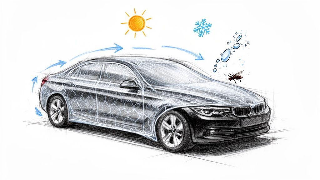 Sketch of a car illustrating protection from sun, snow, water, and insects with an invisible layer.