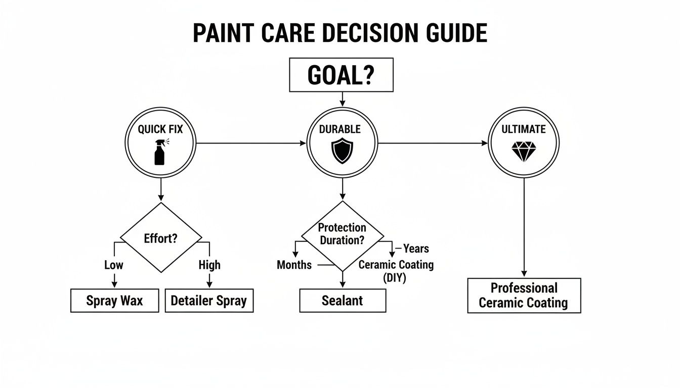 A paint care decision guide flowchart outlining choices based on goal, effort, and protection duration.