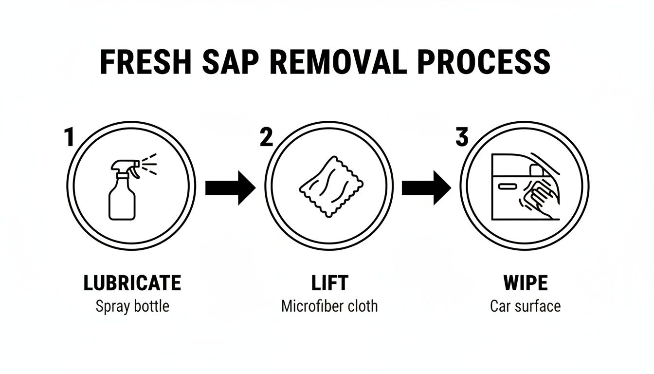 Infographic showing a 3-step process to remove fresh sap from car paint: lubricate, lift, and wipe.