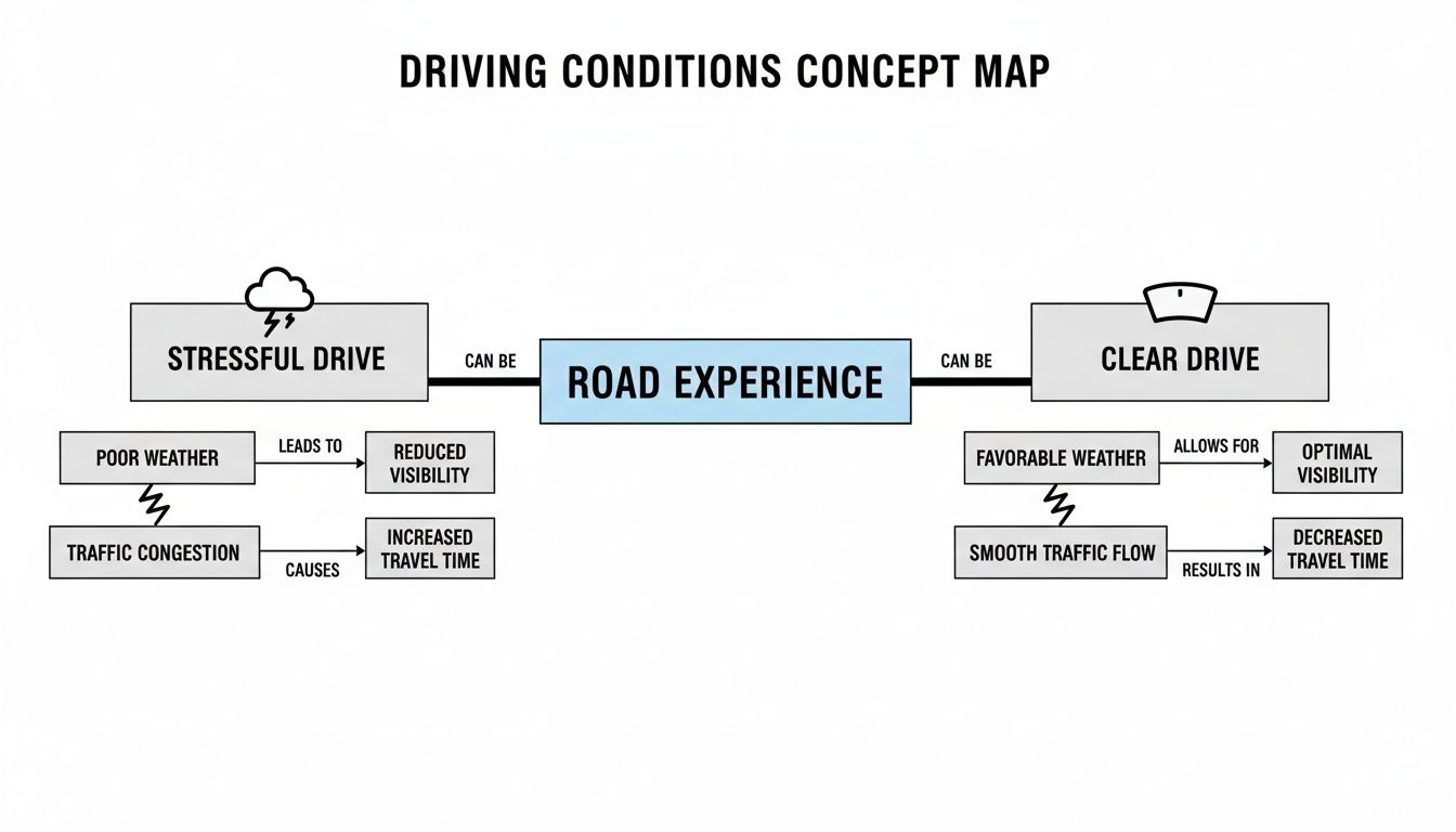 A concept map illustrating driving conditions, showing factors that lead to stressful or clear road experiences.