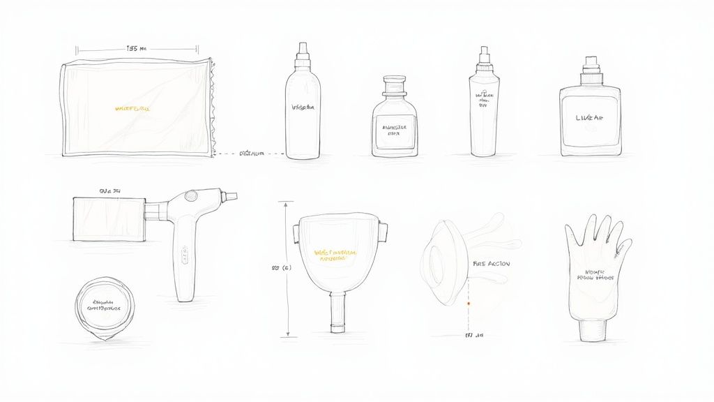 Hand-drawn sketches of product prototypes, including bottles, a cleaning device, a cloth, and a glove.