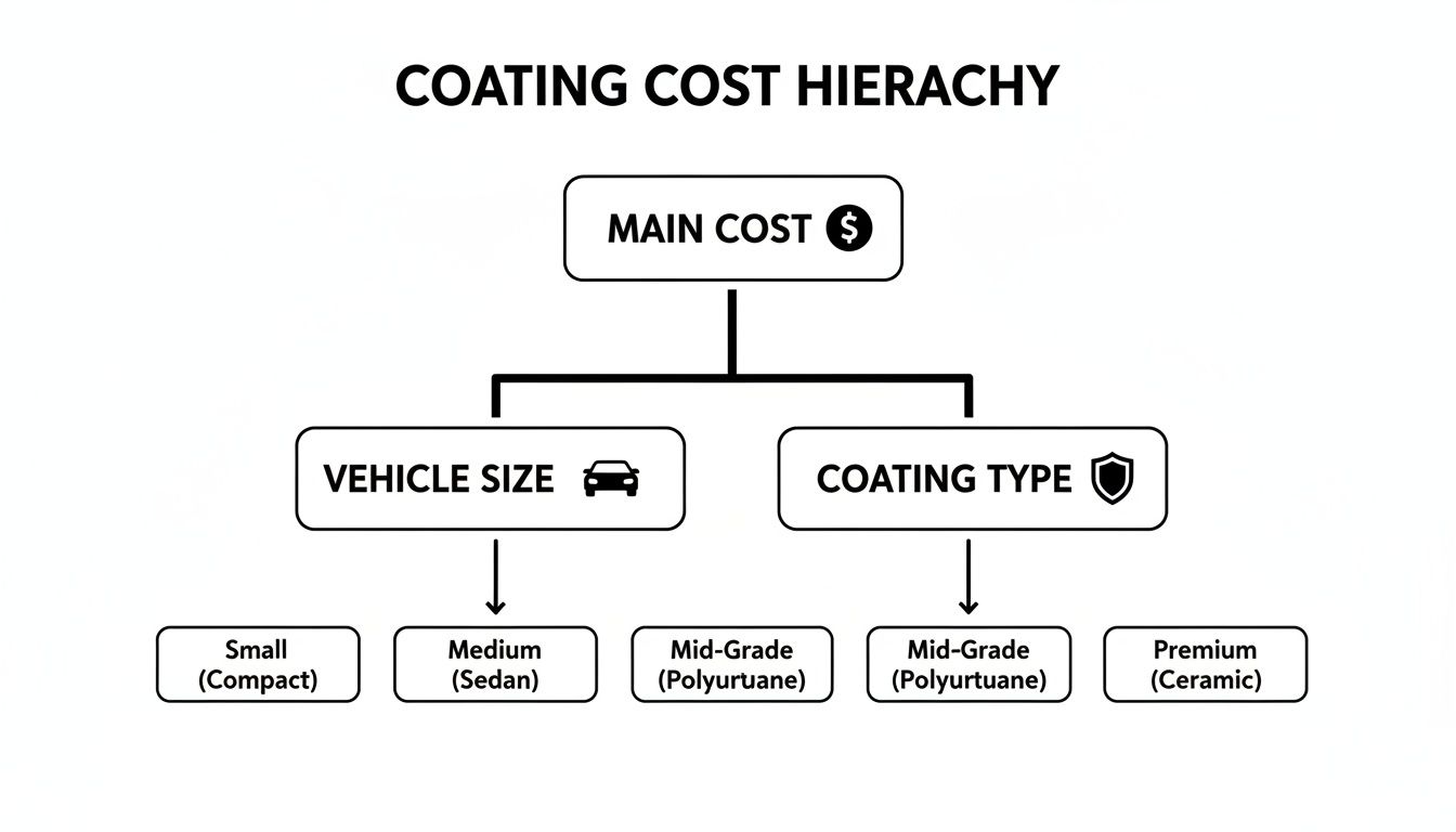 A diagram illustrates the coating cost hierarchy, factoring in vehicle size and coating type options.