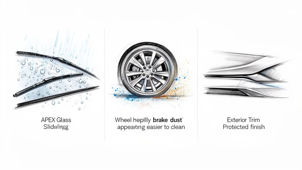 Illustrations showing car glass with water repellency, a wheel resisting brake dust, and protected exterior trim.