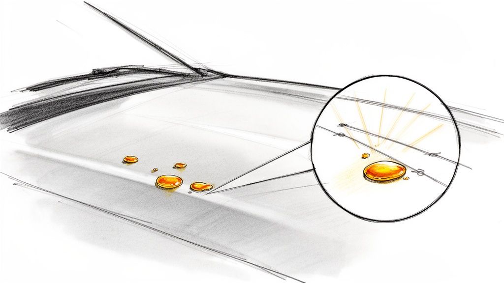 A technical sketch of golden, sticky drops on a car's surface, with a magnified view highlighting tree sap.