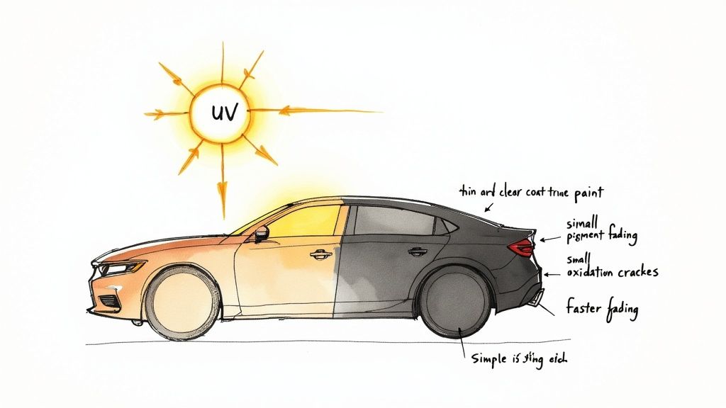 Diagram showing UV sun damage effects on car paint including fading and oxidation cracks