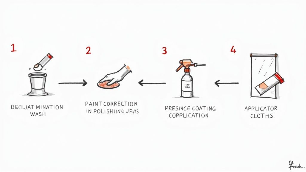 A four-step diagram illustrating the process of automotive paint care: wash, paint correction, coating application, and applicator cloths.