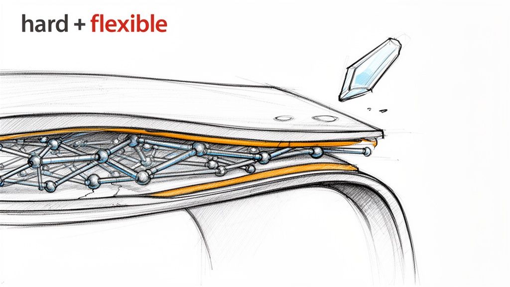 Detailed sketch of a hard and flexible material's cross-section, revealing an internal shock-absorbing lattice.