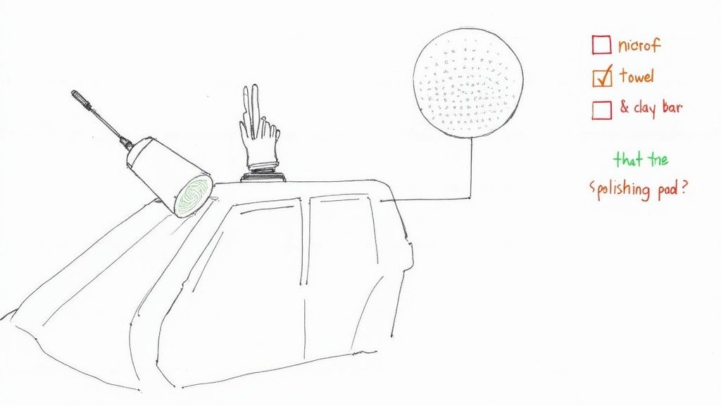 Sketch of a car detailing process with a polisher, pad, and checklist for removing swirl marks.