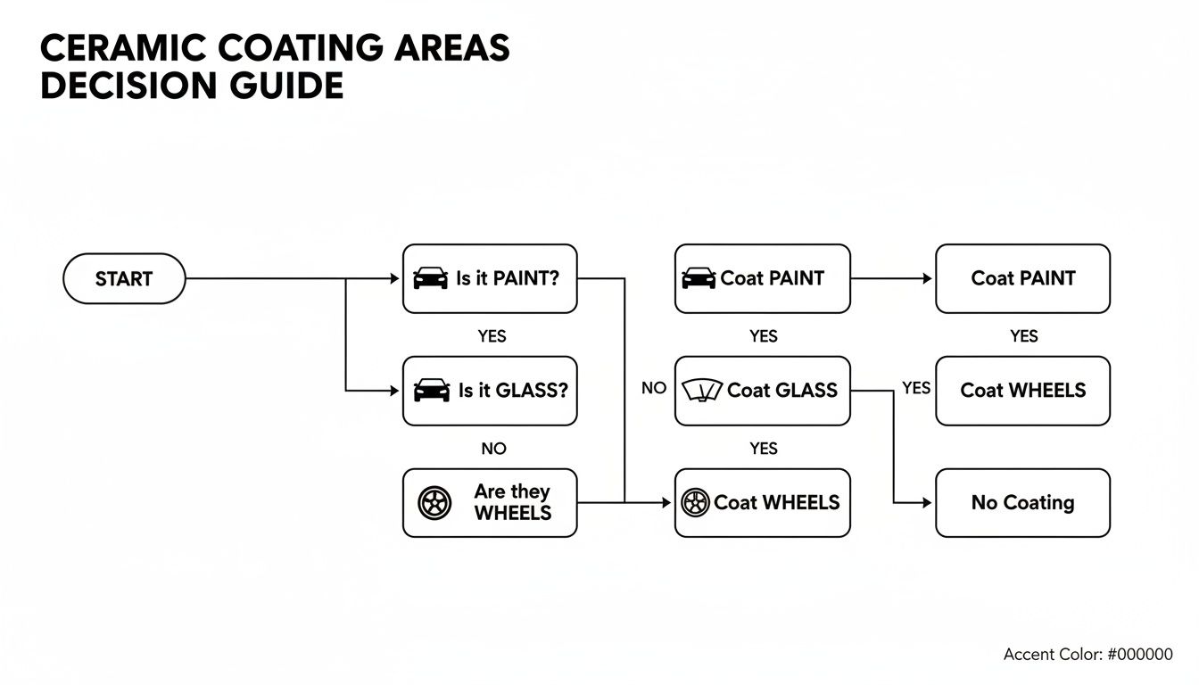 A flowchart decision guide for ceramic coating areas, detailing coating options for paint, glass, and wheels.