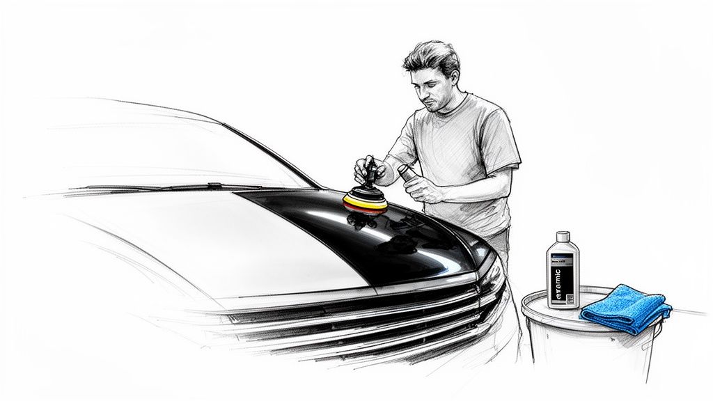 A man polishing a car's black hood with an orbital polisher, applying ceramic coating.