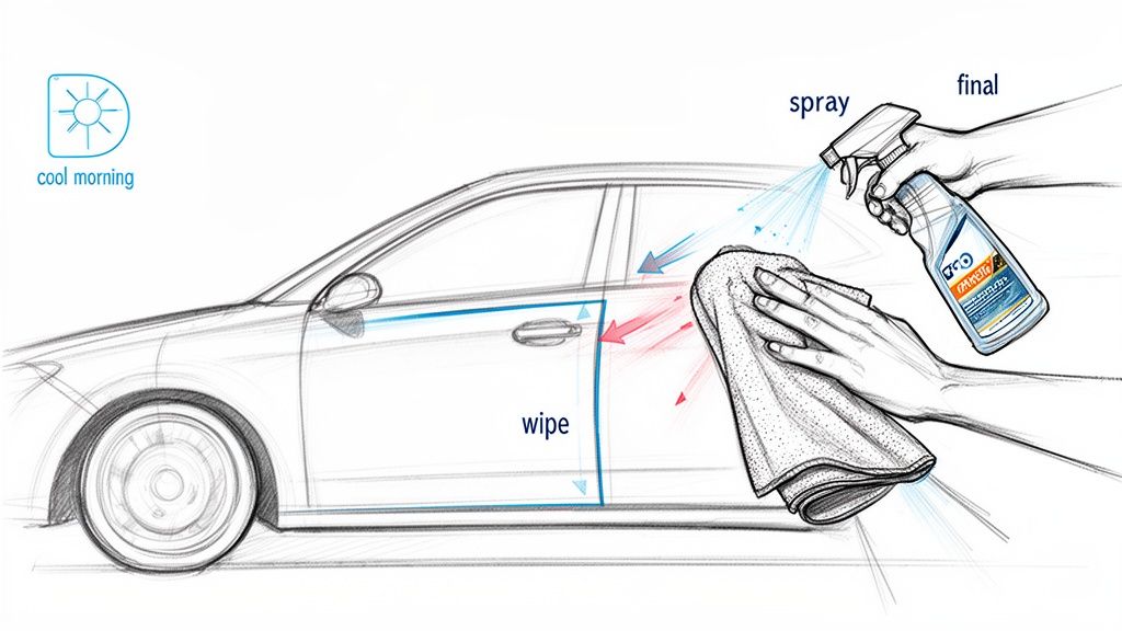Illustration of applying ceramic coating maintenance spray to a car's surface with a cloth on a cool morning.