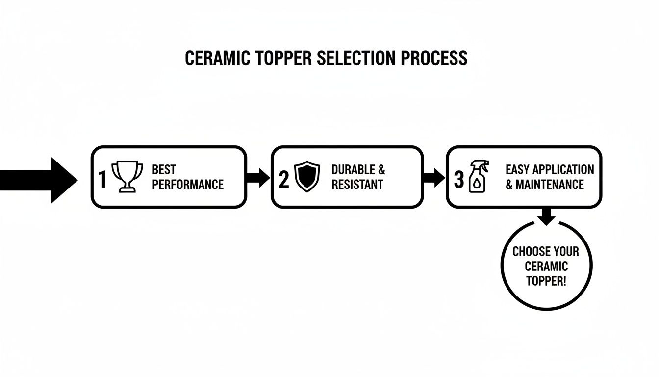 Flowchart illustrating the ceramic topper selection process with steps for best performance, durability, and easy maintenance.