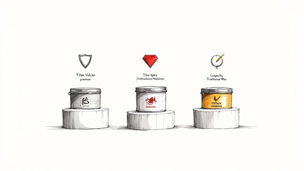 Three premium automotive ceramic coatings displayed on pedestals, showcasing a product lineup.