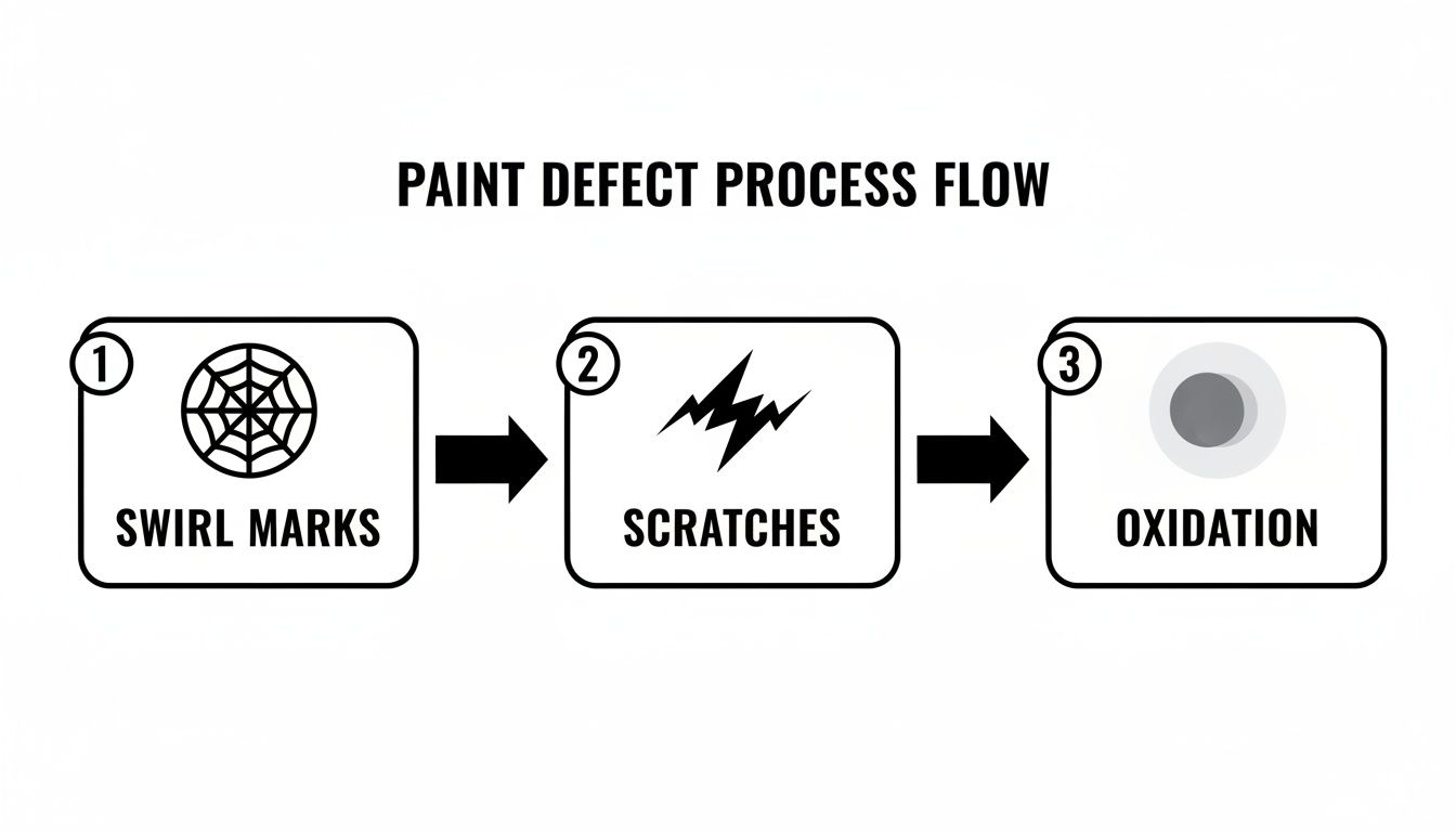 A visual diagram illustrating the paint defect process flow from swirl marks to scratches and oxidation.