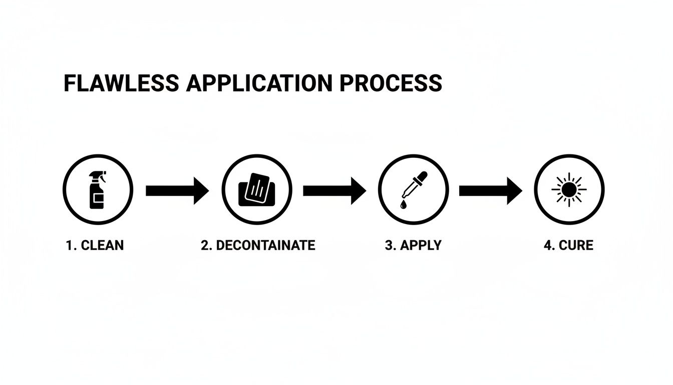 A four-step flawless application process showing icons for clean, decontaminate, apply, and cure.