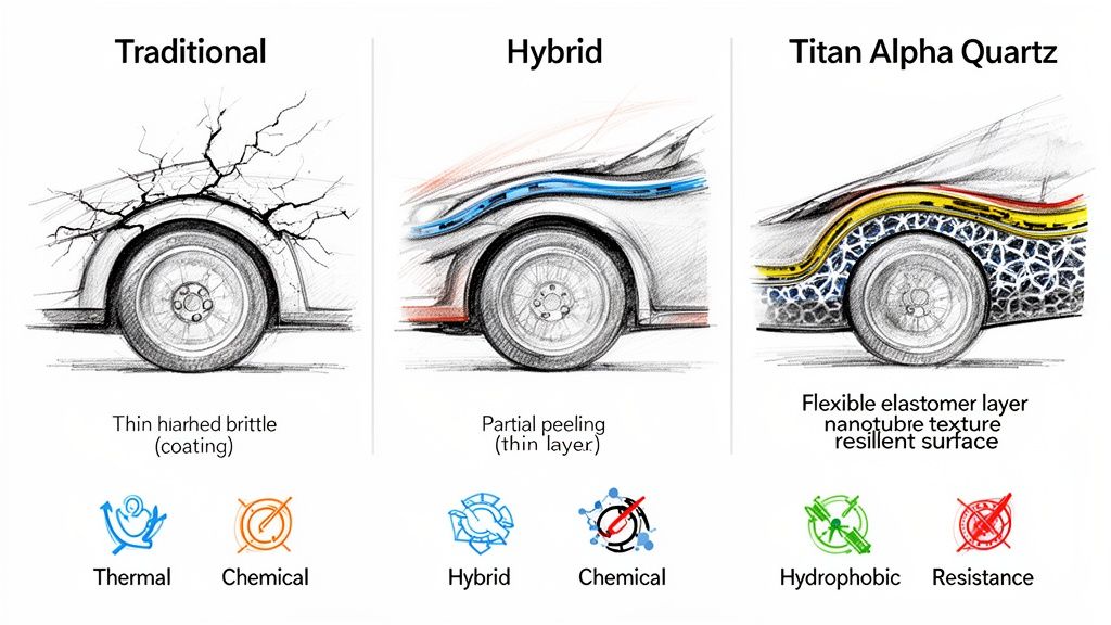 Comparison of traditional, hybrid, and Titan Alpha Quartz car coatings illustrating their durability and protective properties.