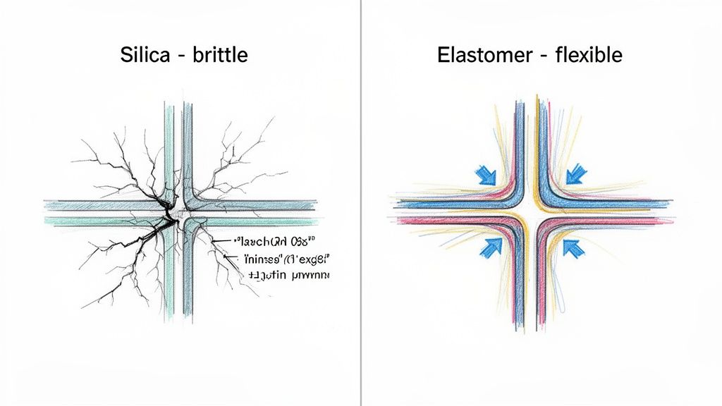 Diagram showing brittle silica with cracks at a joint and flexible elastomer bending at a joint.