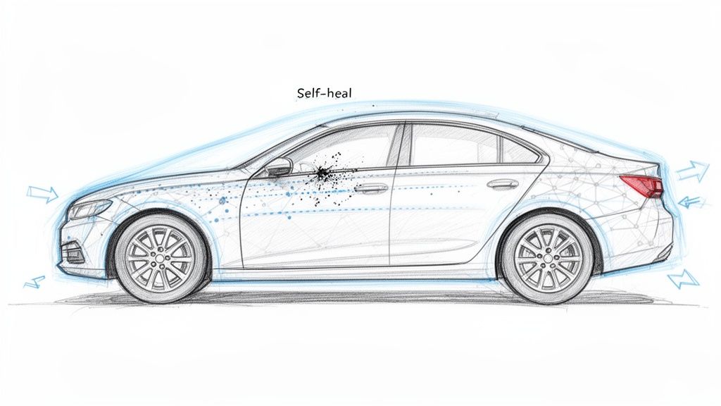 A detailed sketch of a car showcasing self-healing paint technology and aerodynamic airflow with smart surface features.