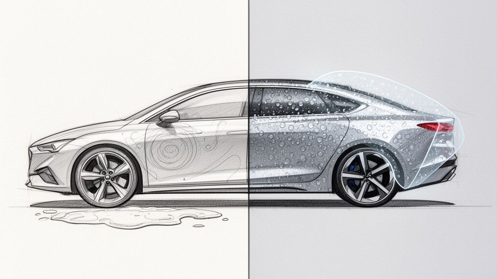 A car image split in half, showing a pencil sketch and a wet car with a ceramic coating.