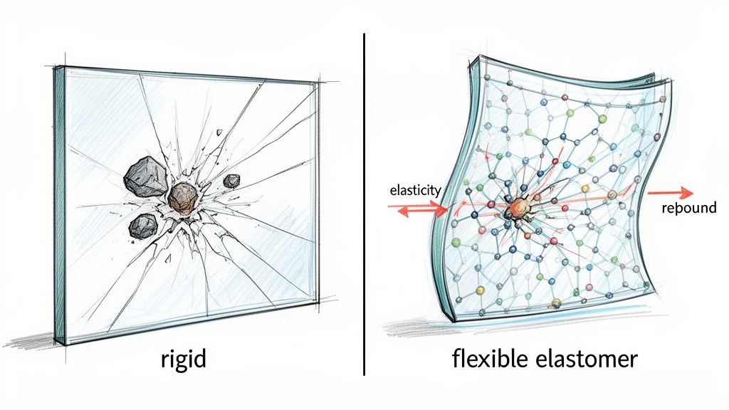 Comparison of a rigid glass shattering upon impact versus a flexible elastomer absorbing impact.
