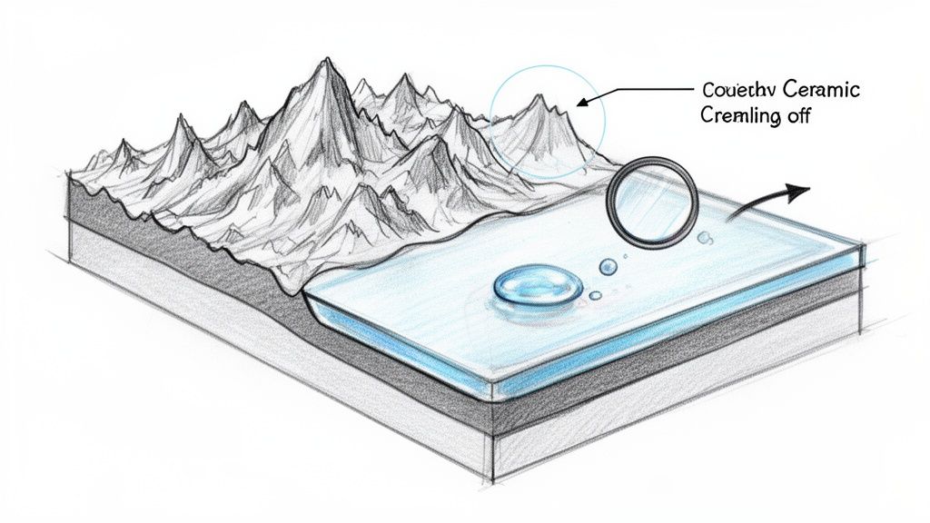 Illustration of ceramic coating on a surface, showing water repellency and a rough, degraded section.