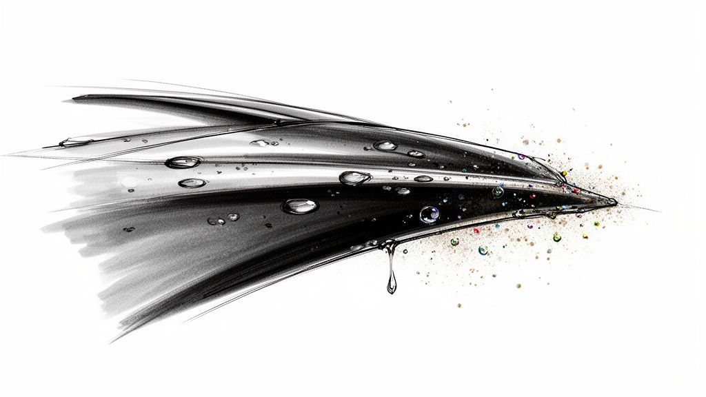 Sleek black aerodynamic surface repelling water droplets with a colorful spray effect.