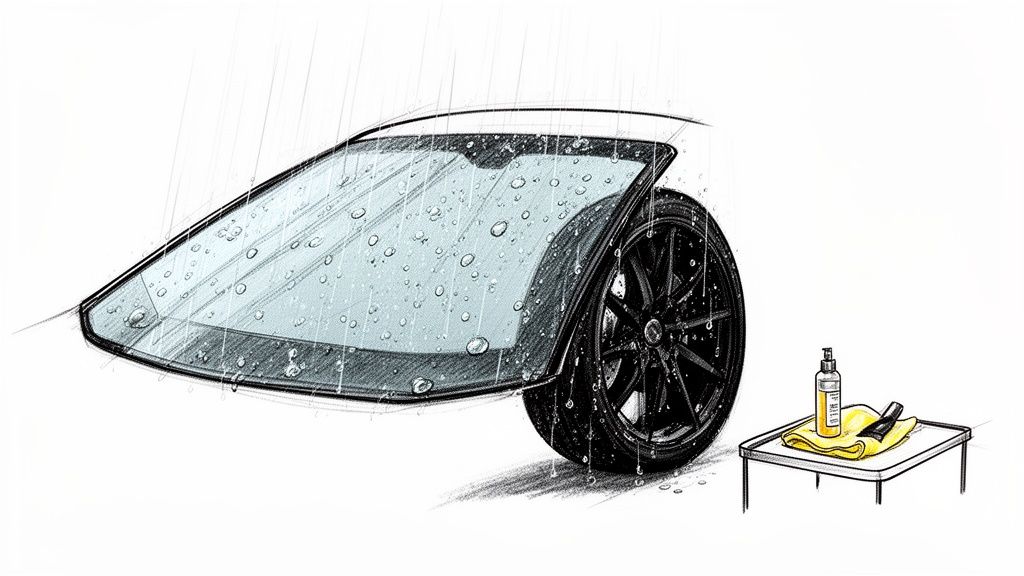 Conceptual drawing of a car's side window and wheel covered in water beads from rain, with detailing products.