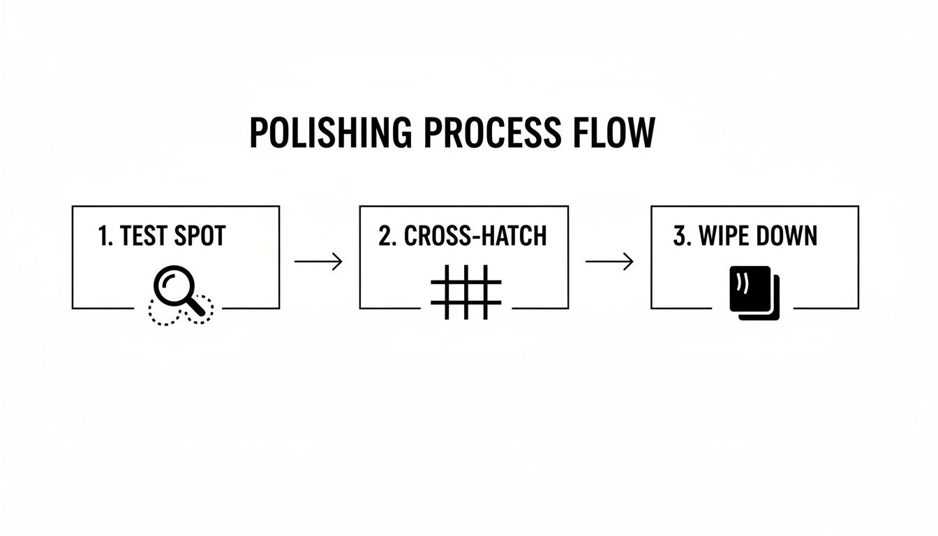 Flowchart illustrating a three-step polishing process, including test spot, cross-hatch, and wipe down.