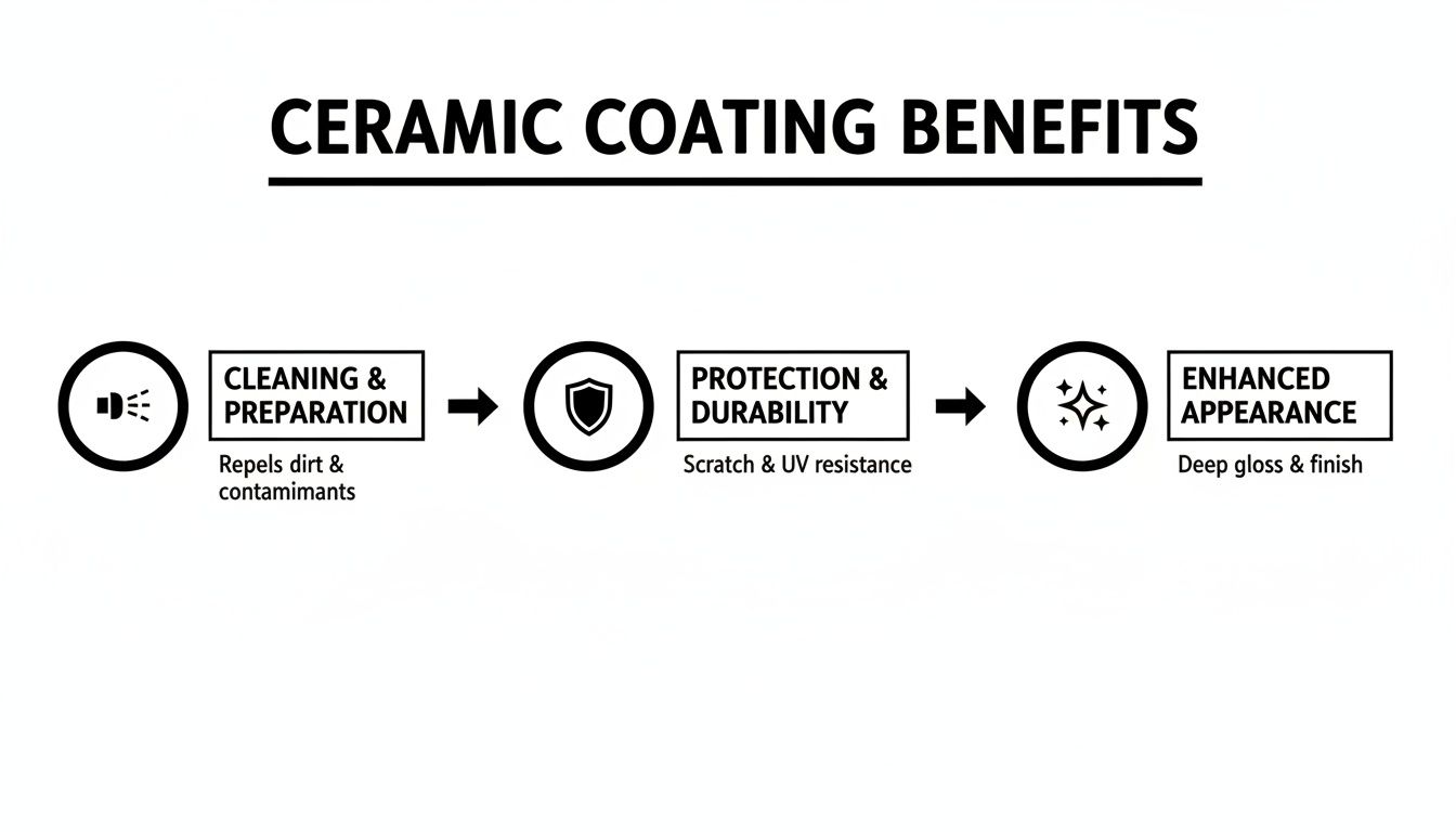 Flowchart illustrating ceramic coating benefits: cleaning, protection, durability, scratch resistance, and enhanced appearance.