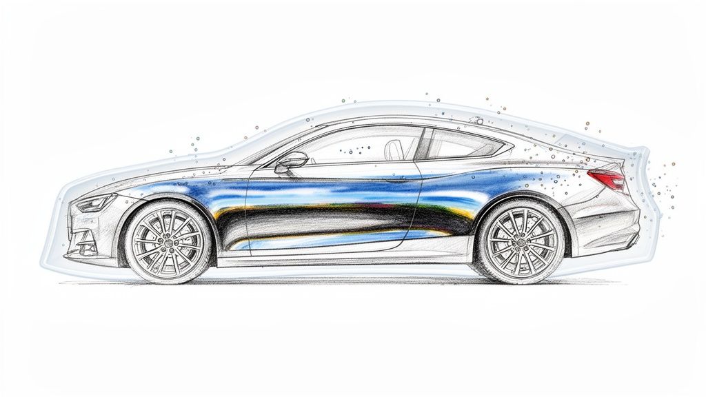 A detailed sketch of a sleek car with a blue side panel, surrounded by a transparent, bubbly protective layer.
