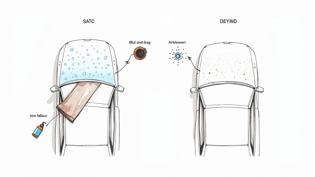 A person gently drying a black car with a large, plush microfiber towel.