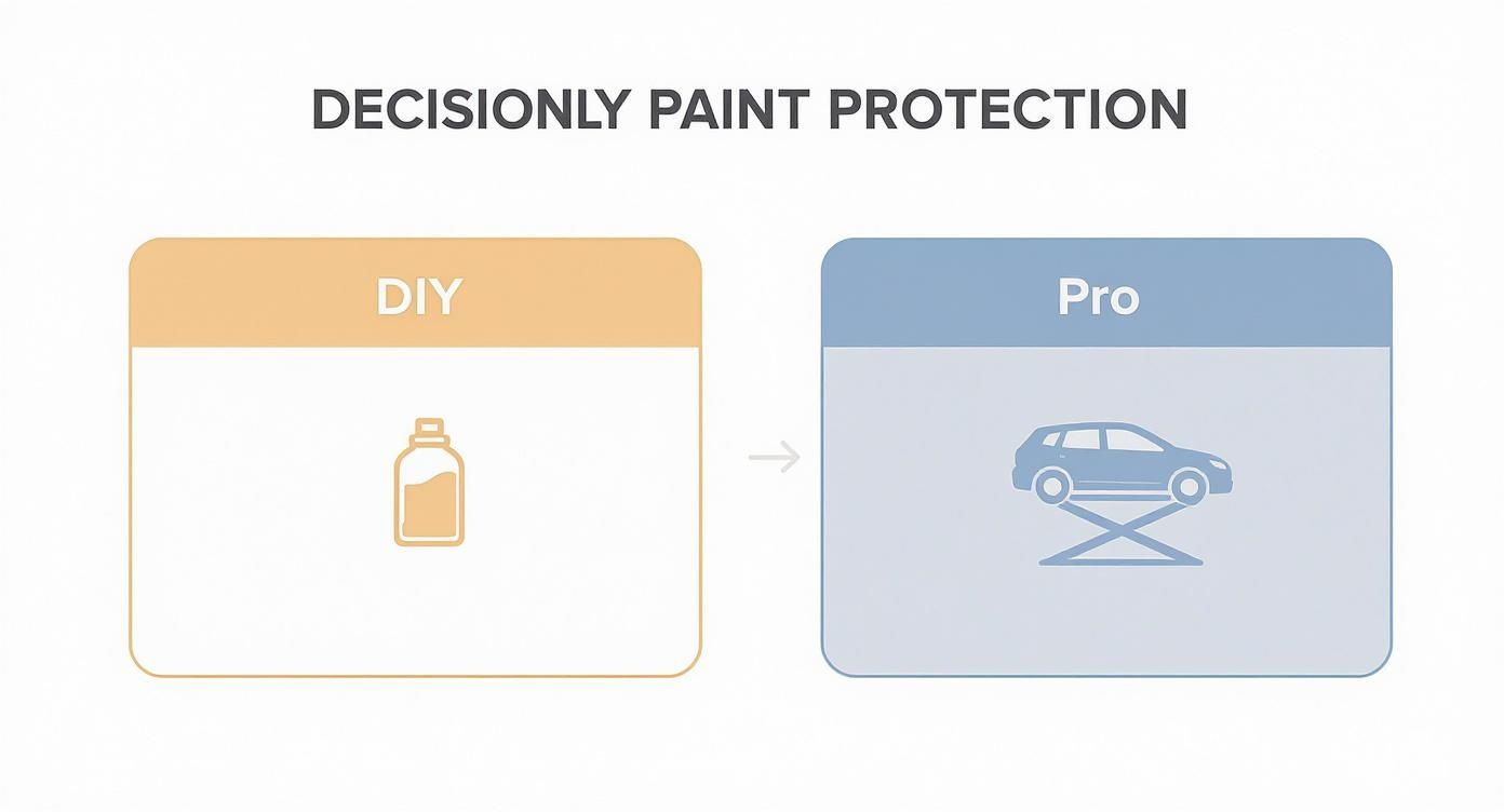 Comparison diagram showing DIY paint protection bottle versus professional car service with vehicle on lift