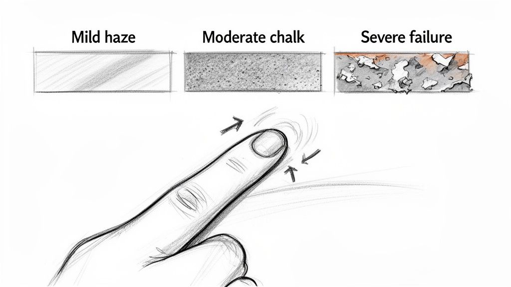 Illustrates three levels of surface degradation: mild haze, moderate chalk, and severe failure, with a finger testing.