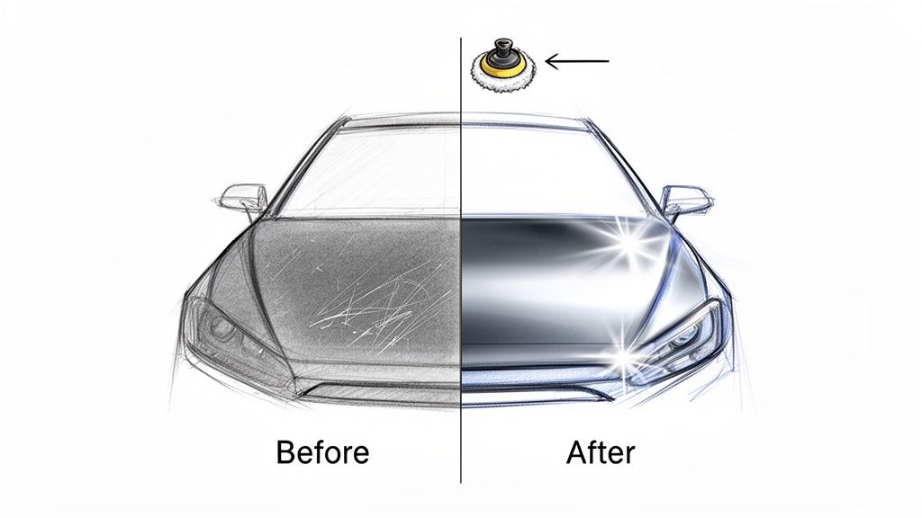 A car's paint shown before with scratches and after polishing for a shiny, blemish-free finish.