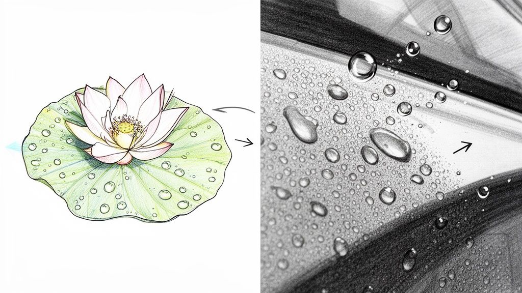 A split image: a lotus flower on a water-repellent leaf, and realistic water droplets on a hydrophobic surface.