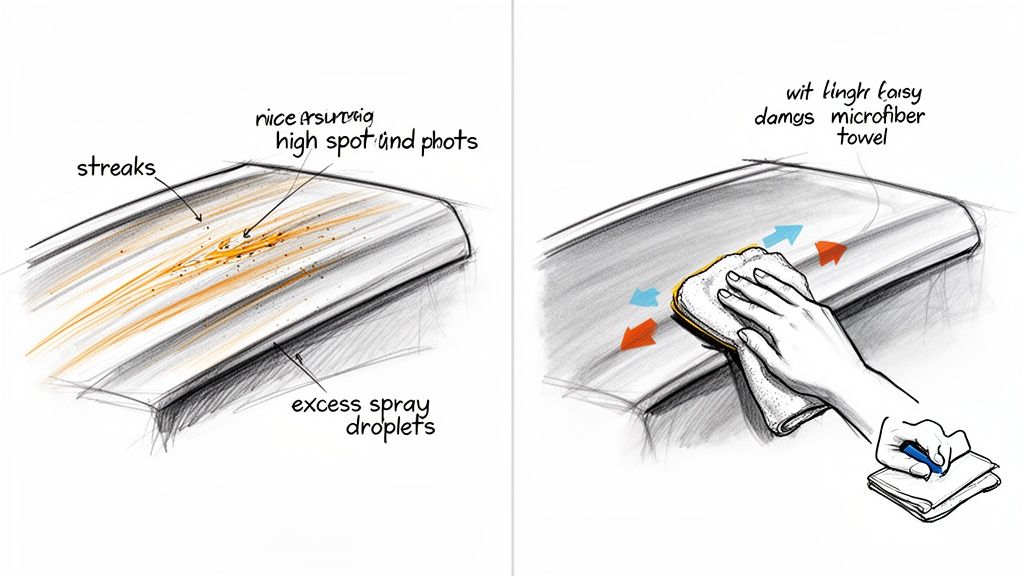 Two illustrations show common ceramic coating defects like streaks and how to properly wipe with a microfiber towel.