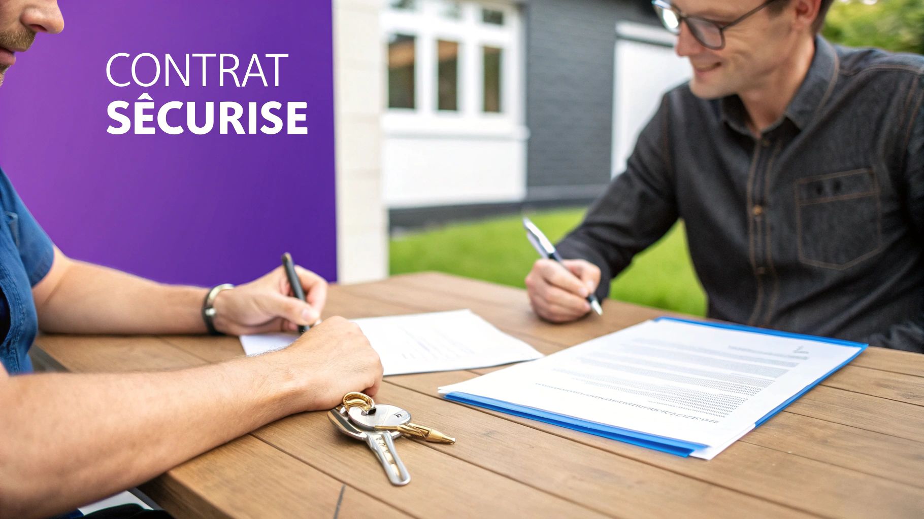 Deux personnes signent un contrat immobilier sécurisé, des clés sur la table, symbolisant un accord important.