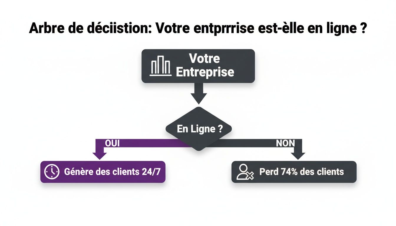 Diagramme de décision illustrant les avantages d'une entreprise en ligne et les inconvénients d'une absence de présence numérique.