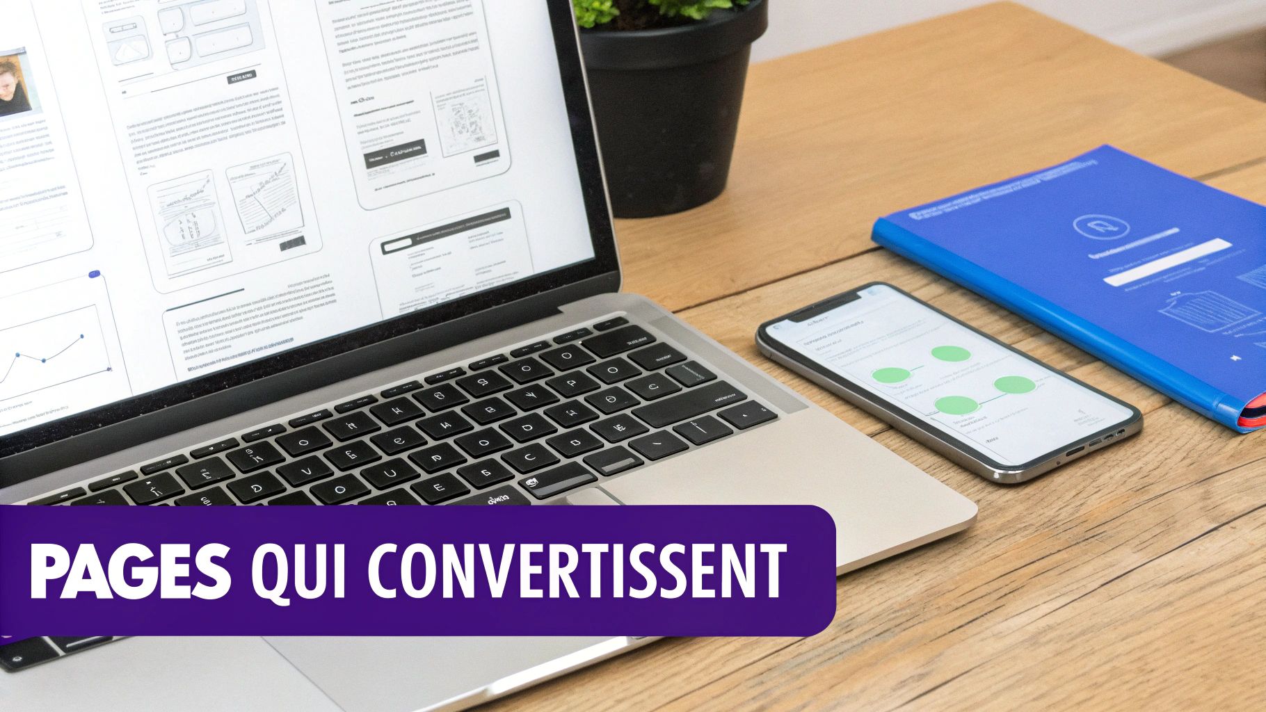Un ordinateur portable et un smartphone affichant des designs web sur un bureau en bois. Outils essentiels pour la création de sites professionnels.