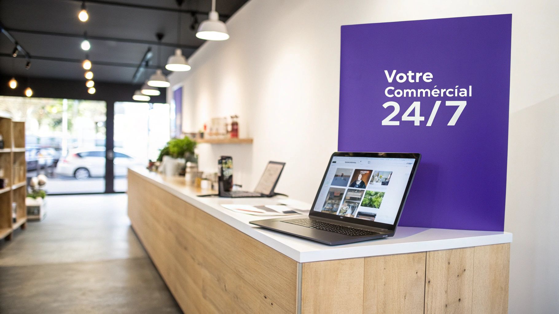 Intérieur moderne d'un bureau avec un comptoir en bois, des ordinateurs portables et une enseigne violette 'Votre Commercial 24/7'.