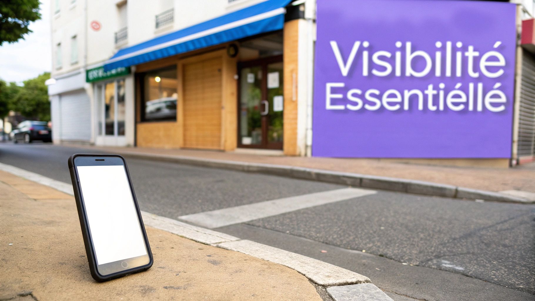 Un smartphone noir posé sur un trottoir, avec une rue urbaine et un panneau 