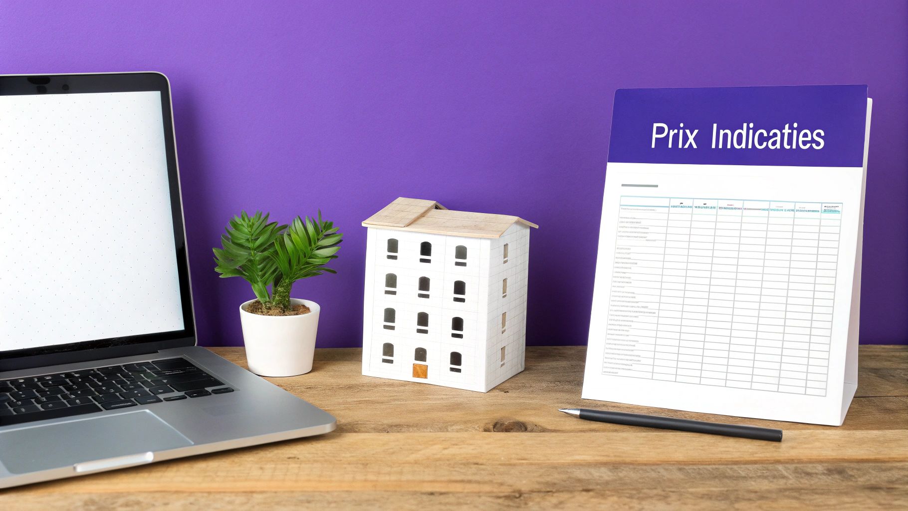 Un bureau avec un ordinateur portable, une plante, une maquette de maison et un document 