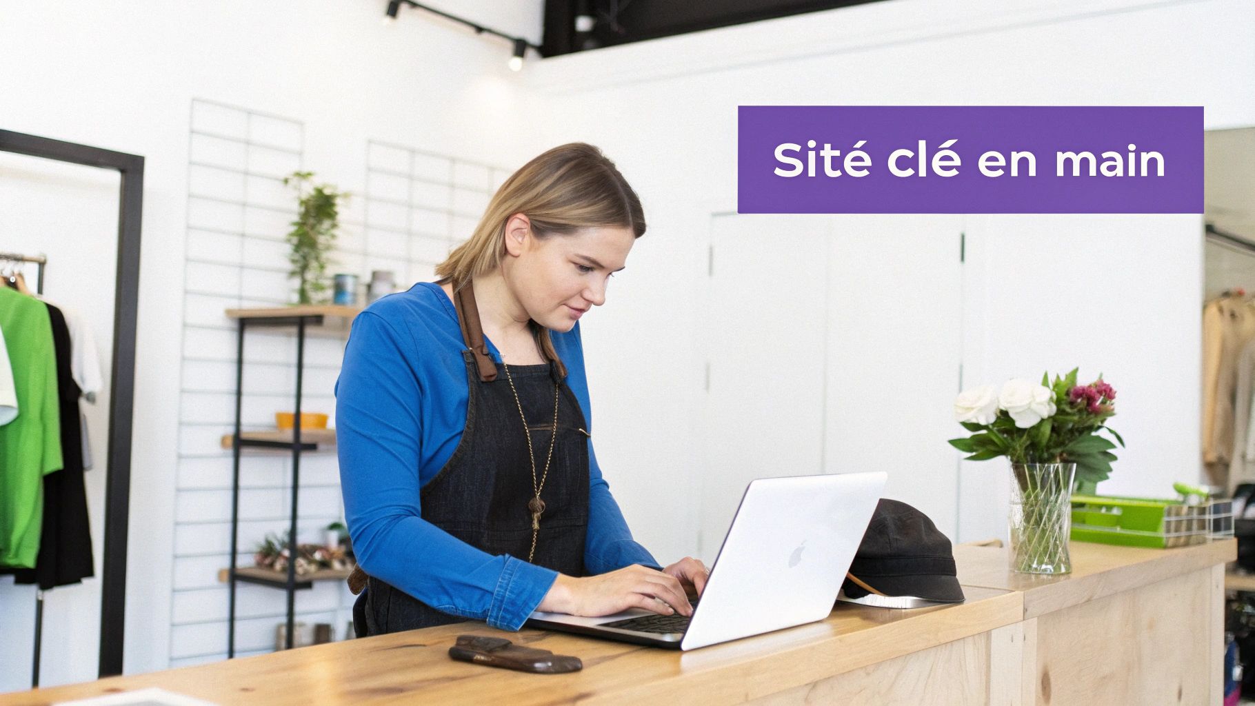 Une femme souriante, portant un tablier, travaille sur un ordinateur portable au comptoir d'une boutique moderne.