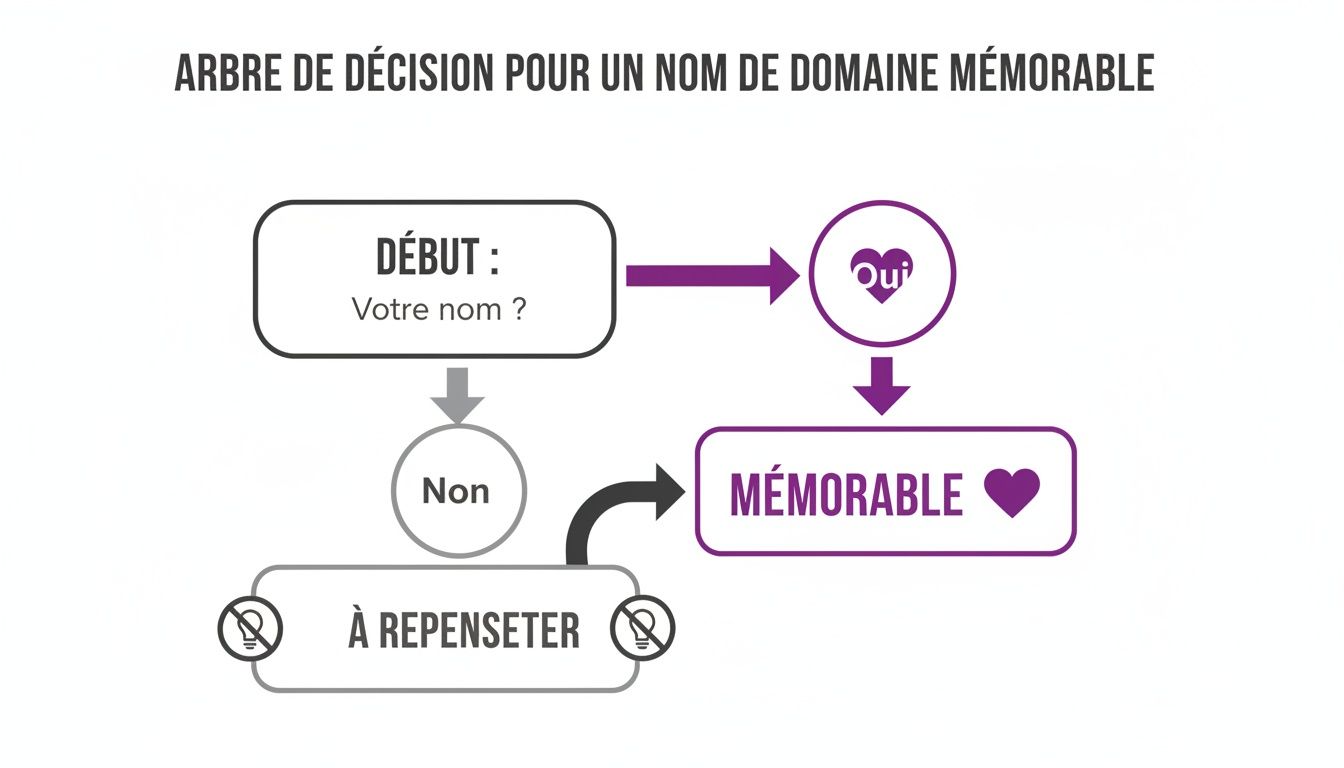 Arbre de décision pour un nom de domaine mémorable. Si votre nom est disponible, il est mémorable. Sinon, il faut repenser.