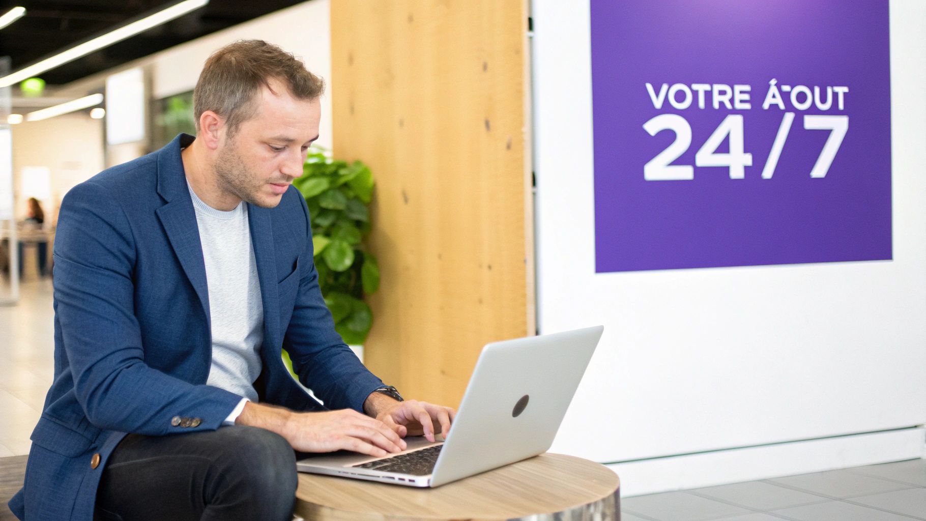 Un homme en veste bleue et t-shirt gris tape sur un ordinateur portable dans un bureau moderne avec un panneau 24/7 en arrière-plan.