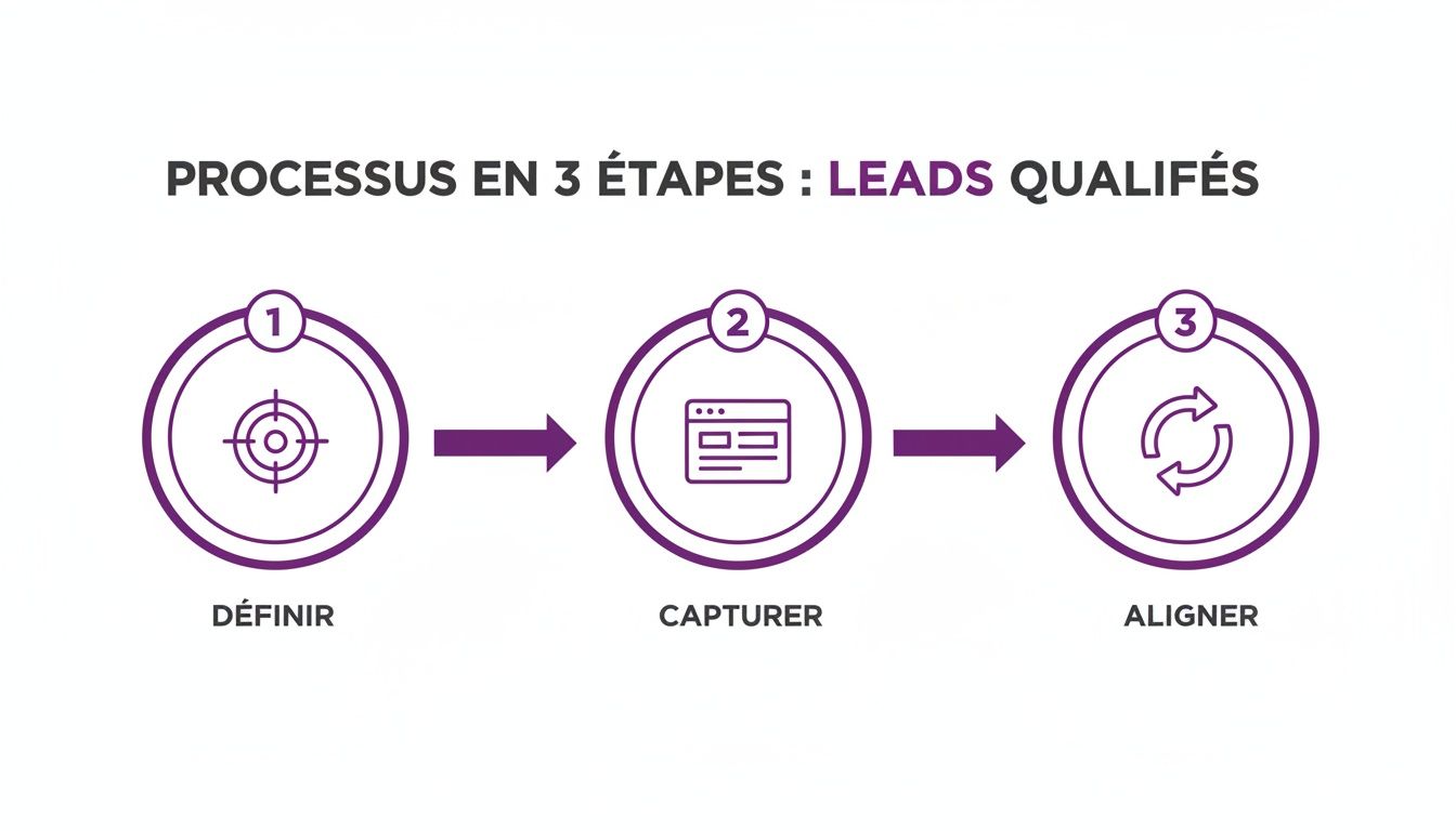 Infographie illustrant le processus en 3 étapes pour générer des leads qualifiés : Définir, Capturer, Aligner.