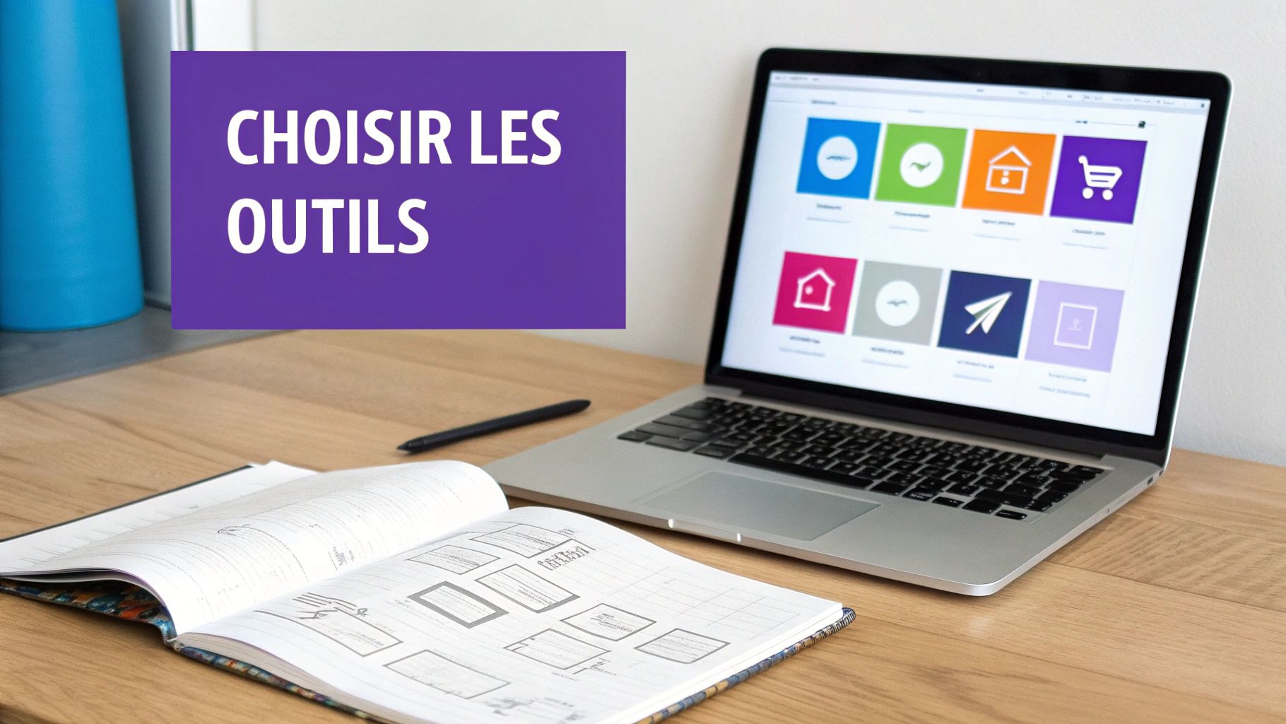 Un bureau en bois avec un ordinateur portable affichant des icônes d'applications et un cahier, illustrant le texte 'CHOISIR LES OUTILS'.