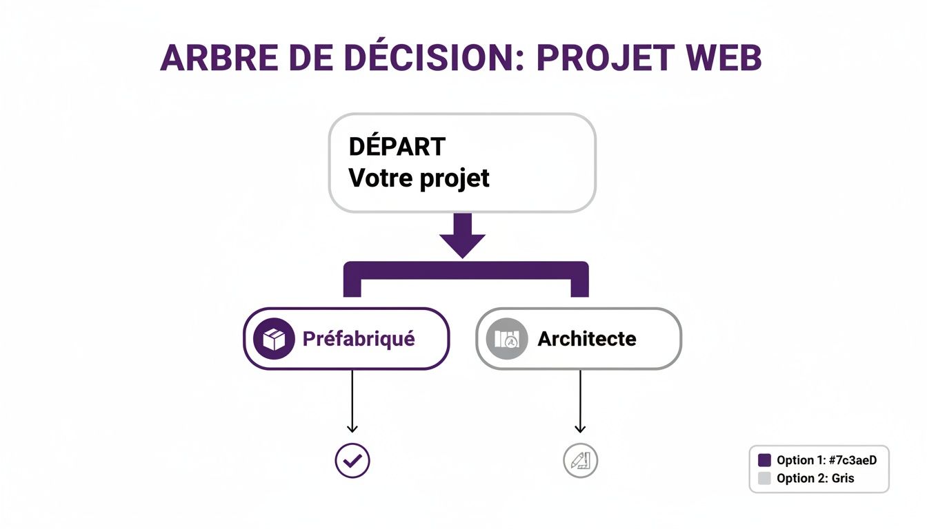 Diagramme d'arbre de décision pour la création d'un projet web, offrant des choix préfabriqués ou sur mesure.